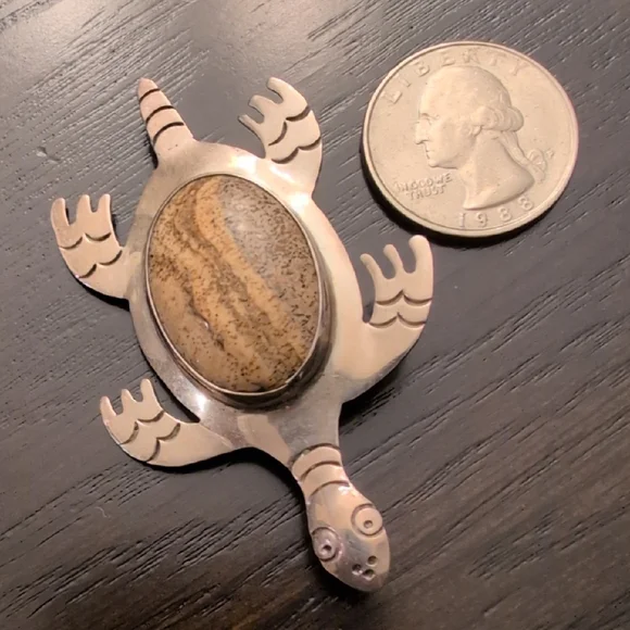 Cii 925 Mexico Sterling Silver Ocean Jasper Sea Turtle Brooch Pin Vintage - Picture 9 of 9